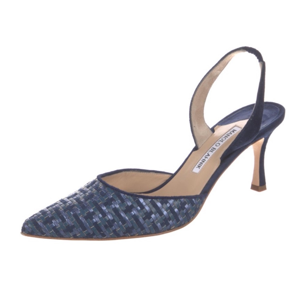 Manolo Blahnik Carolyne Etched Fabric halter pump sling-back 7.5/37.5